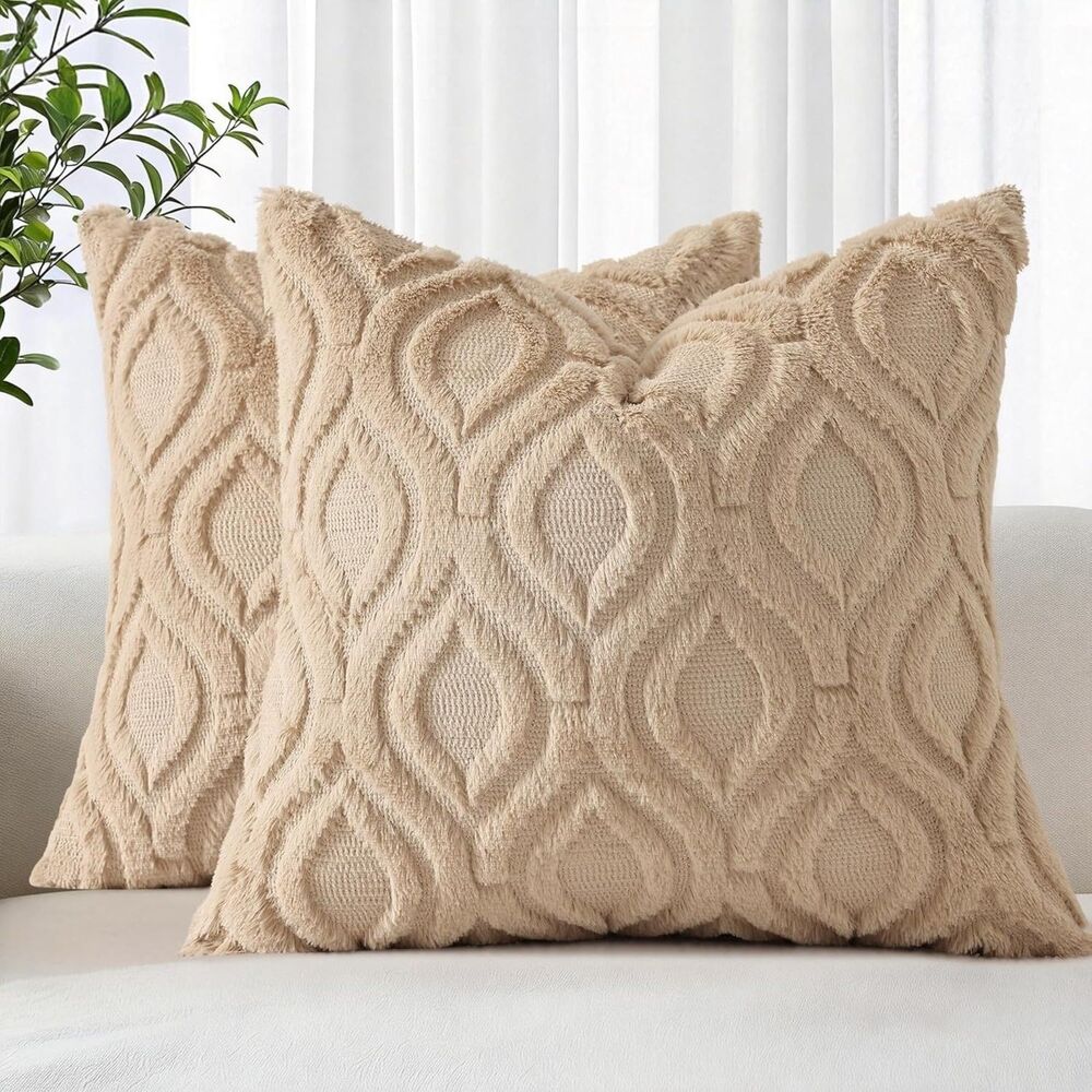 Soft Plush Faux Wool Light Khaki Throw Pillow Covers18x18 Inch Set of 2